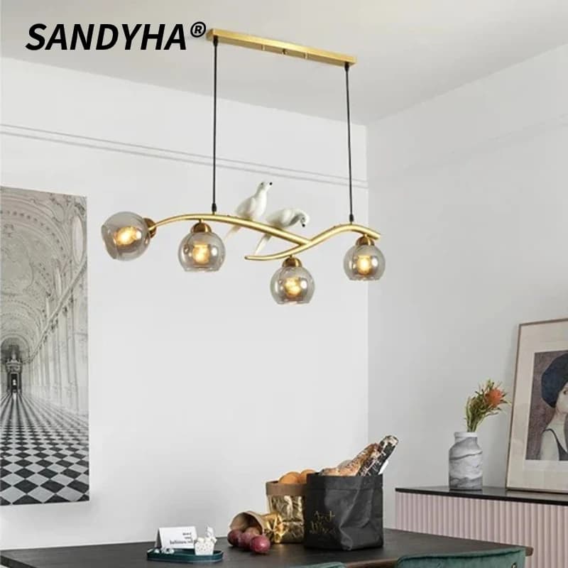 SANDYHA Modern Lamps Long Striped Suspension Lamp with Iron Glass Ball Black Gold Small Bird for Home Decoration Lunch Room