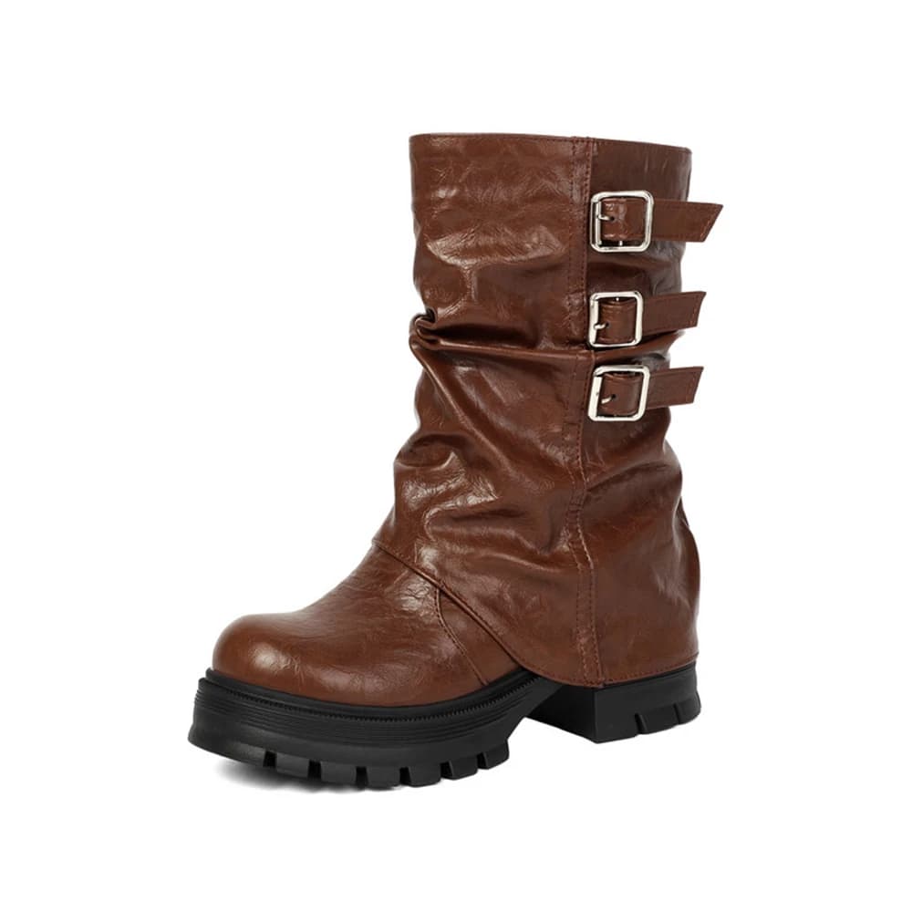 Women Buckle Slouch Mid Calf Boots Thick Platform Heel Motorcycle Boots 35-43 Black White Brown WS-64