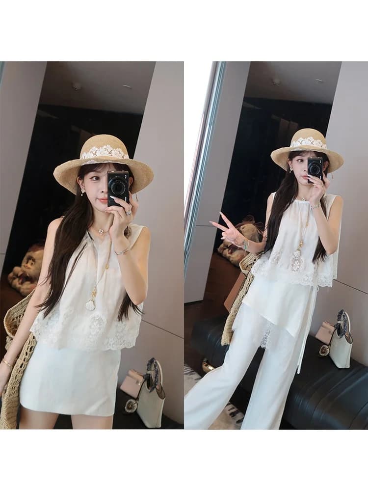 Top Estivo da Donna Mimius con Ricamo in Pizzo, Senza Maniche, Schiena Scoperta, Bianco, alla Moda, Girocollo, Traspirante, Ultra Leggero