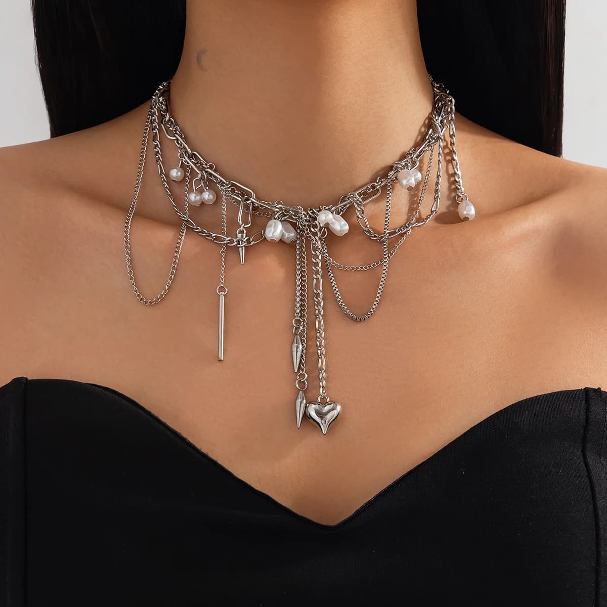 6 styles of creative fashion imitation pearl heart rivet necklace pendant women gothic vintage tassel jewelry necklace with charm