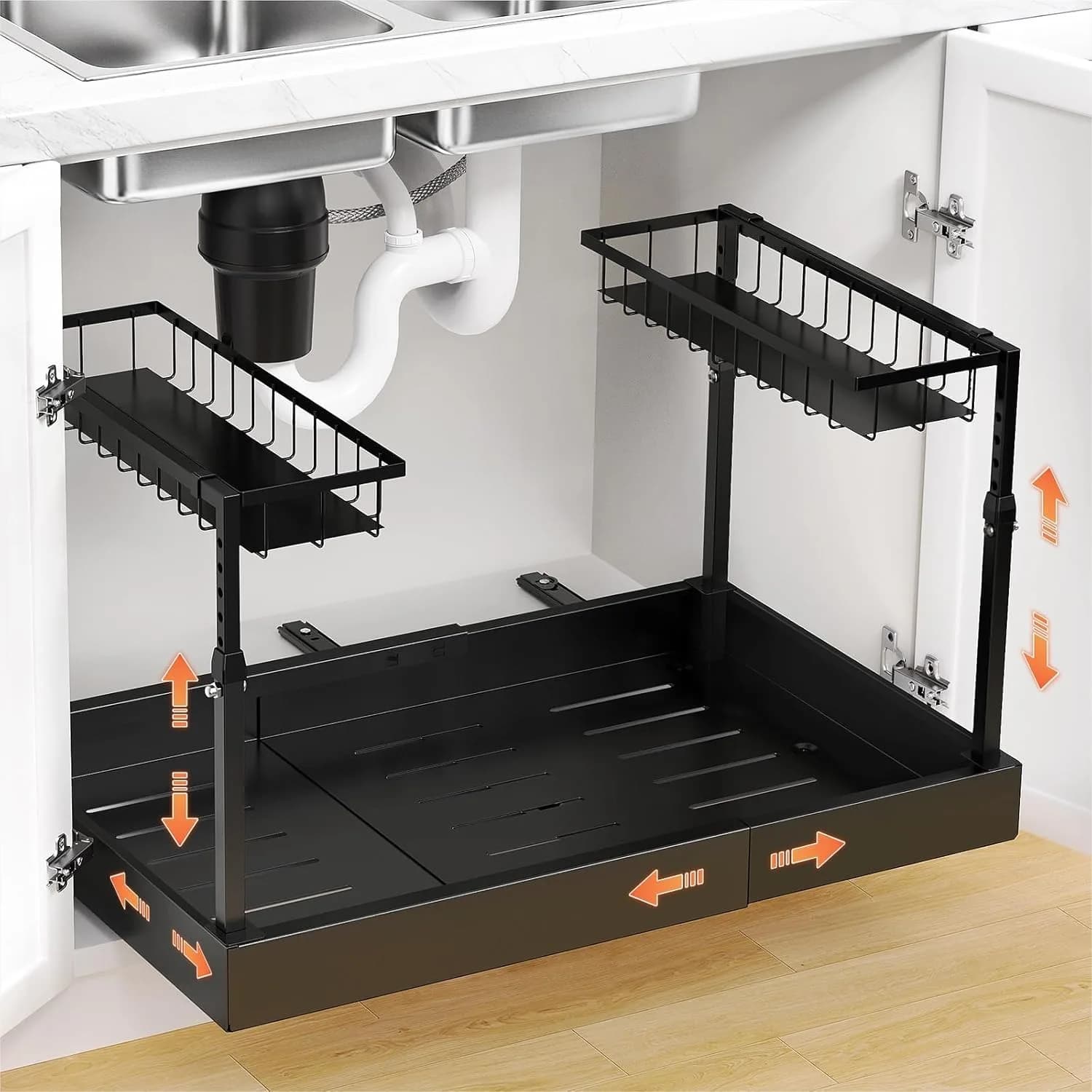 Organizzatore Sottolavello a 2 Livelli, Ripiano Estraibile Espandibile per Armadietto Cucina e Bagno, Regolabile 17.9-29.5" di Larghezza, Robusto