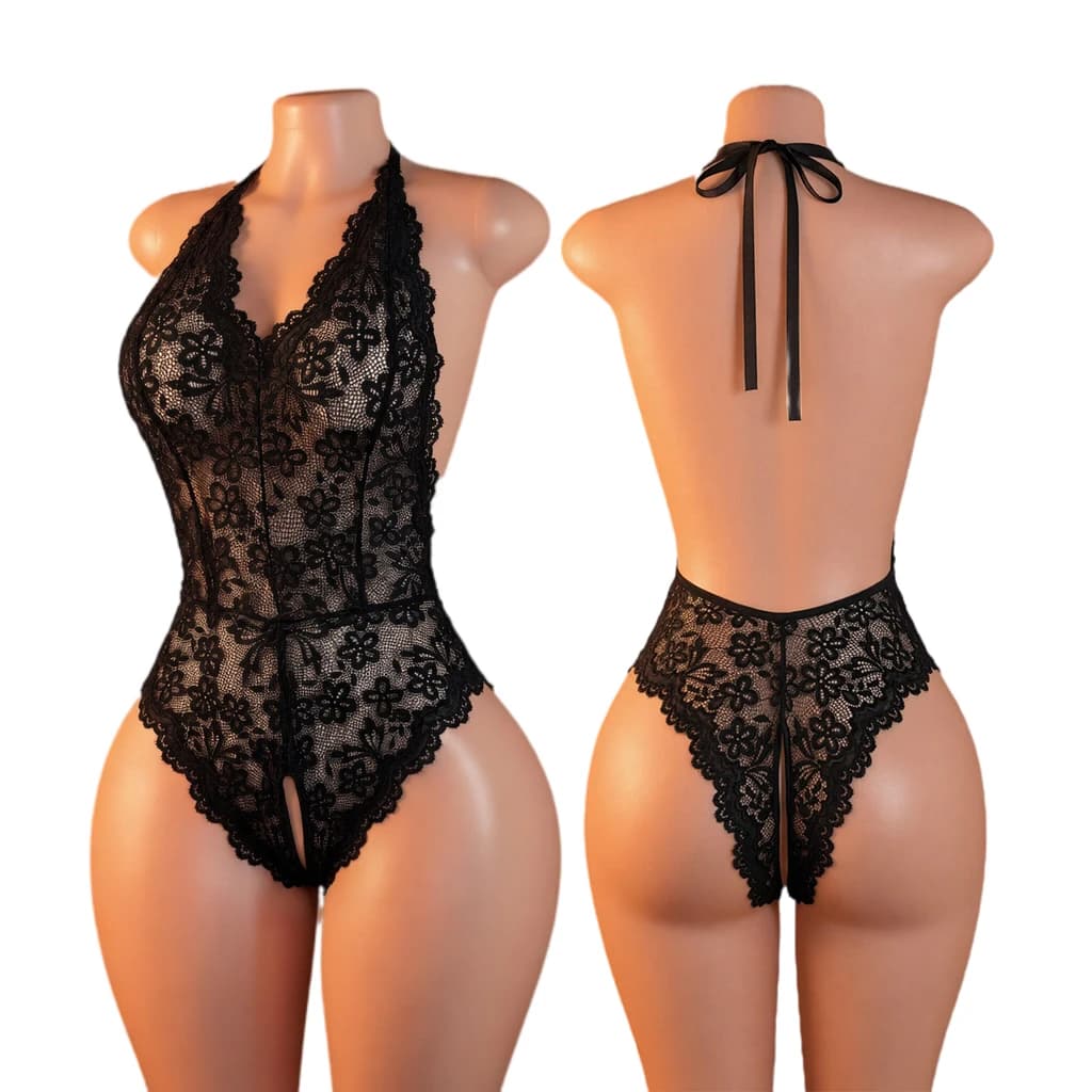 Women's Transparent Lace Bodysuit Sexy Lingerie Sleepwear Mesh Lace Floral Crotchless Babydoll Teddies Catsuit Erotic Costume