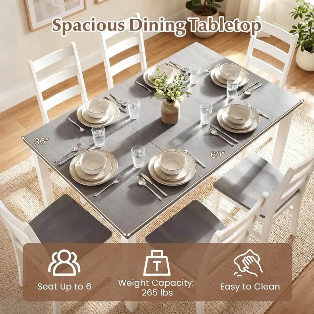 Set da Pranzo 7 Pezzi per 6 Persone, Tavolo Rettangolare da 60 Pollici e 6 Sedie con Gambe in Legno di Gomma, Personalizzabile