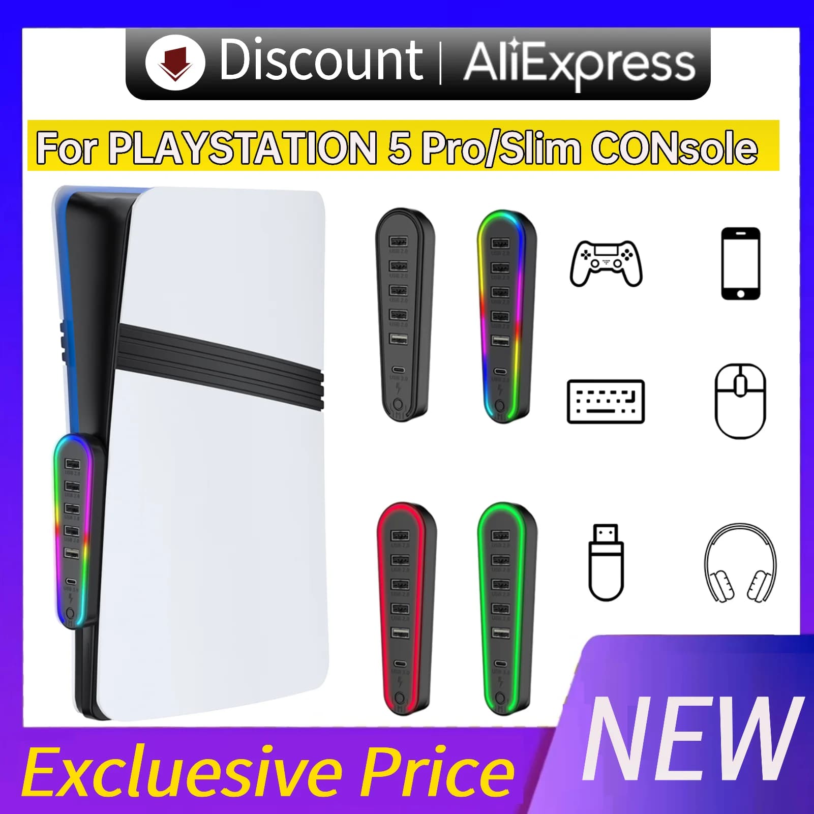 Hub di espansione a 6 porte con adattatore caricabatterie con luce RGB, convertitore USB, estensore USB per accessori console PlayStation 5 Slim/Pro