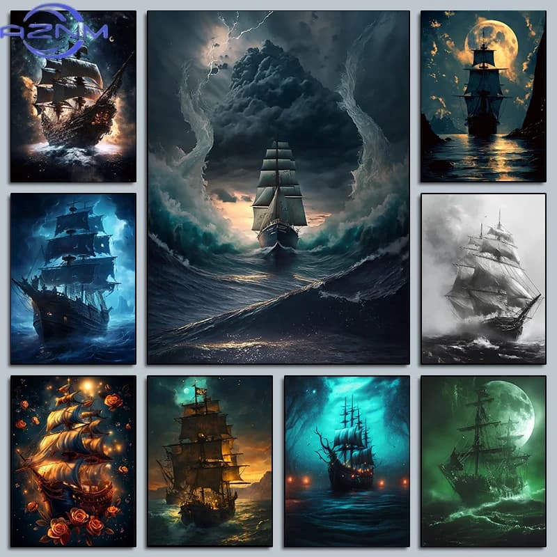 Classic Ghost Ship In The Storm Posters Terrifying Night Sea Prints Canvas Painting Wall Art Pictures Home Living Room Decor