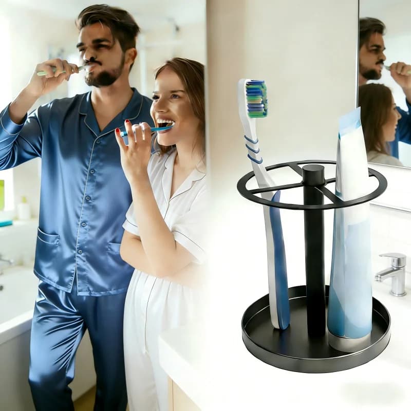 Portaspazzolino da Bagno Rotondo Antiscivolo - Organizzatore da Scrivania Senza Foratura per Dentifricio e Spazzolini