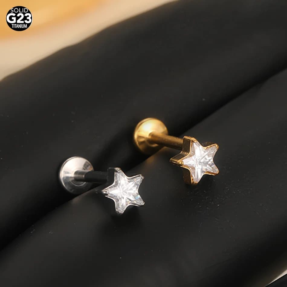 Aumeo 1pc Titanium Star Zircon Cartilage Star Earring 16G Flat Back Tragus Conch Helix Labret Piercing Body Jewelry