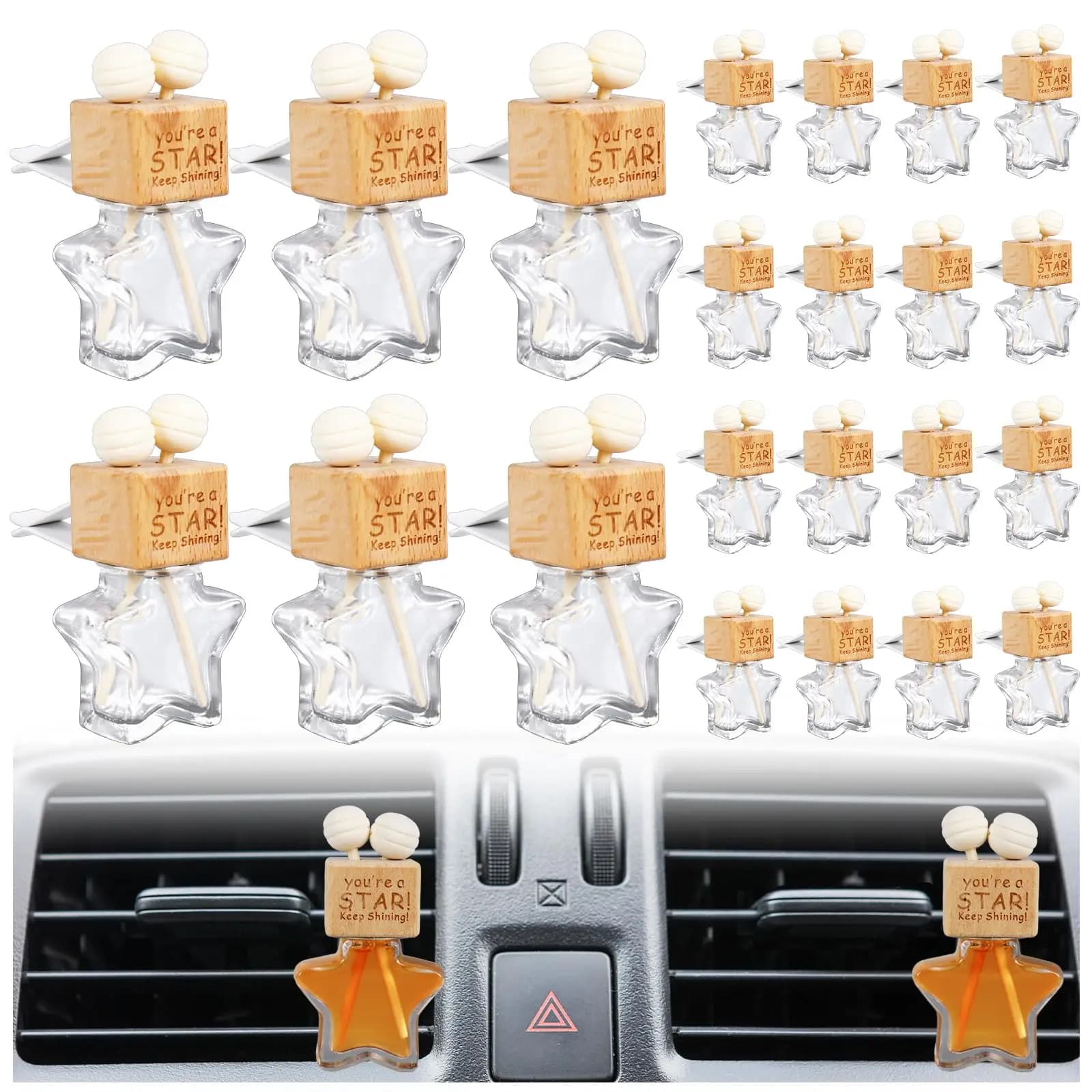 10 Pack Star-Shaped Car Vent Air Fresheners With Wooden Top And Glass Diffuser Bottle For Essential Oil Fragrance