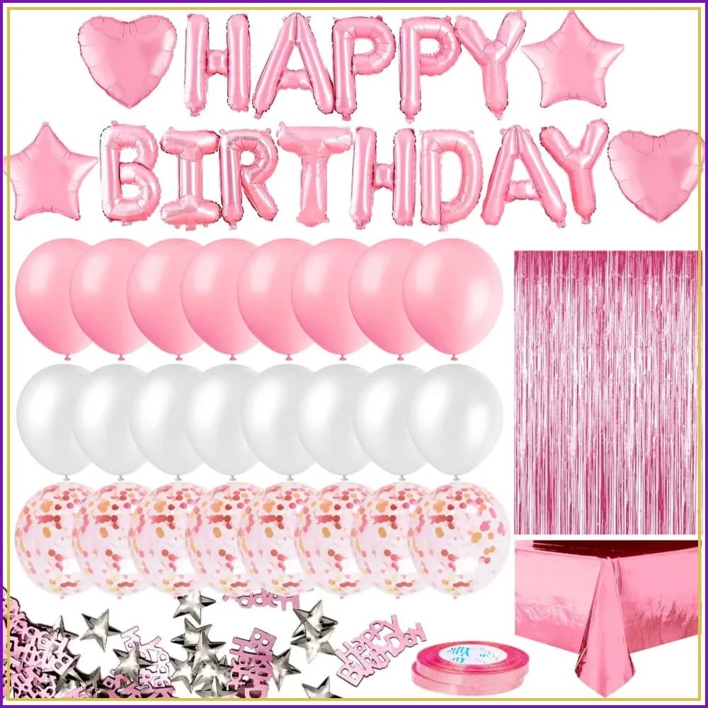 Pink Birthday Party Decoration Set with Banner, Fringe Curtain, Foil Tablecloth, Confetti Balloons, 10g Confetti for Women Girl