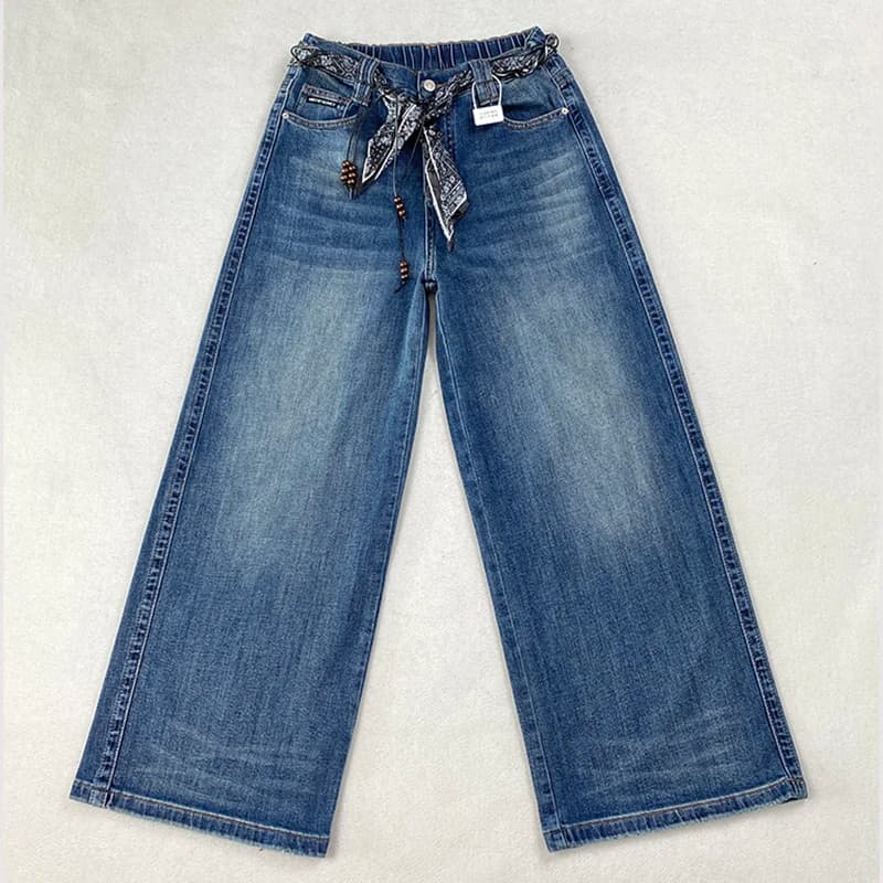 XXXXXL Moda Plus Size Jeans a gamba larga da donna Autunno Elegante pizzo in seta Premium Denim Pantaloni lunghi casual 8376