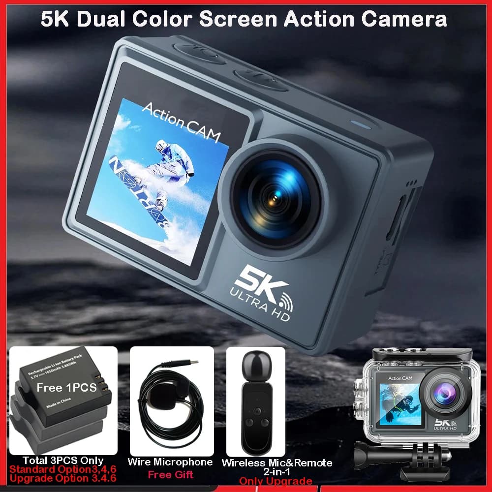 5K 4K60FPS Action Camera Dual IPS Touch LCD DVR EIS 170° 30M Waterproof 5X Zoom Sport Camera With Wireless Mic&Remote Control