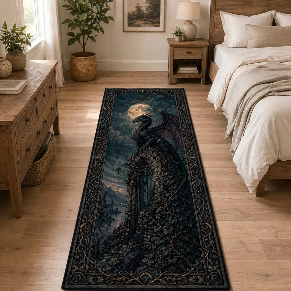 Dark Gothic Dragon Castle Moon print rug bedroom basement cottage mudroom runner rug washable nonslip mat Gift