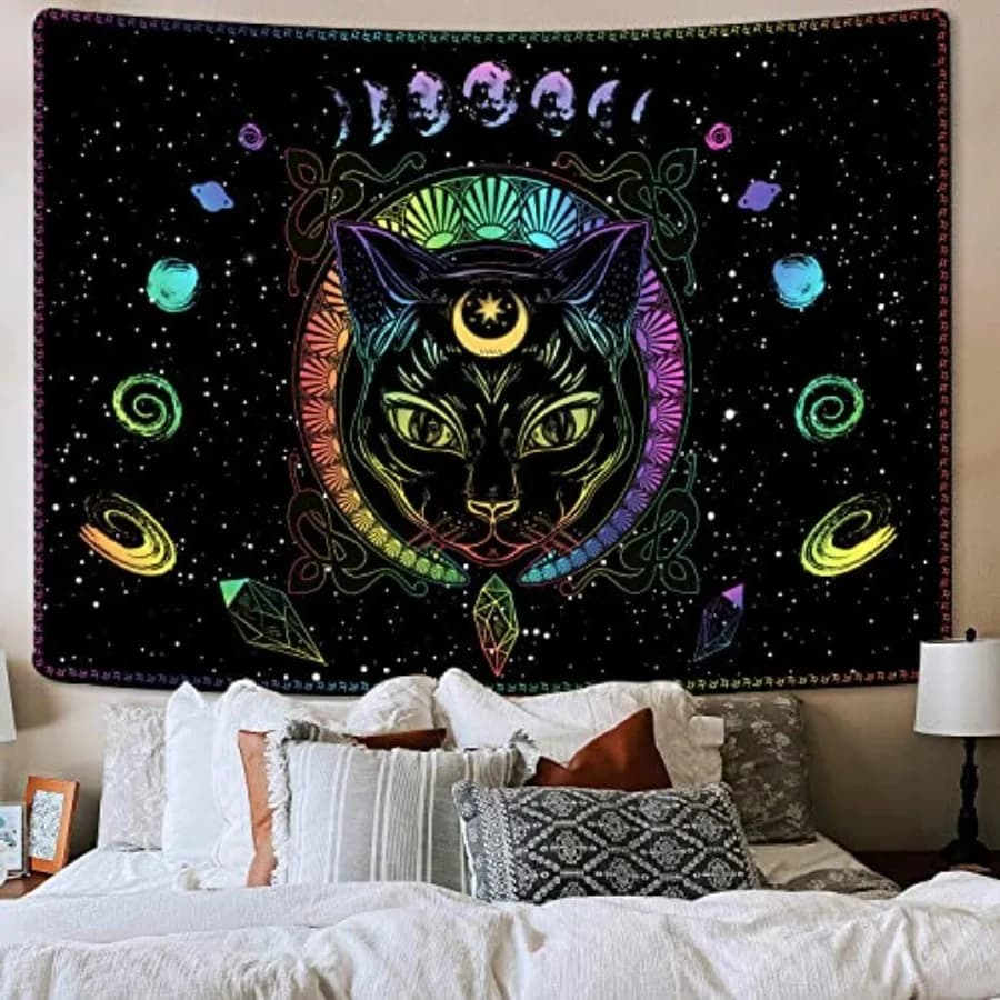 Black Cat Gothic Tapestry Wall Hanging, Psychedelic Colorful Sun and Moon Cool Witch Tarot Wall Art Tapestries, Black and White