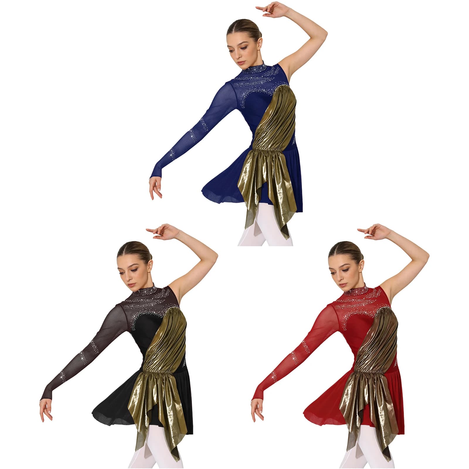 Costume da Danza per Ginnastica Ritmica, Pattinaggio Artistico e Balletto, Abito Lirico con Arricciature Metalliche e Strass