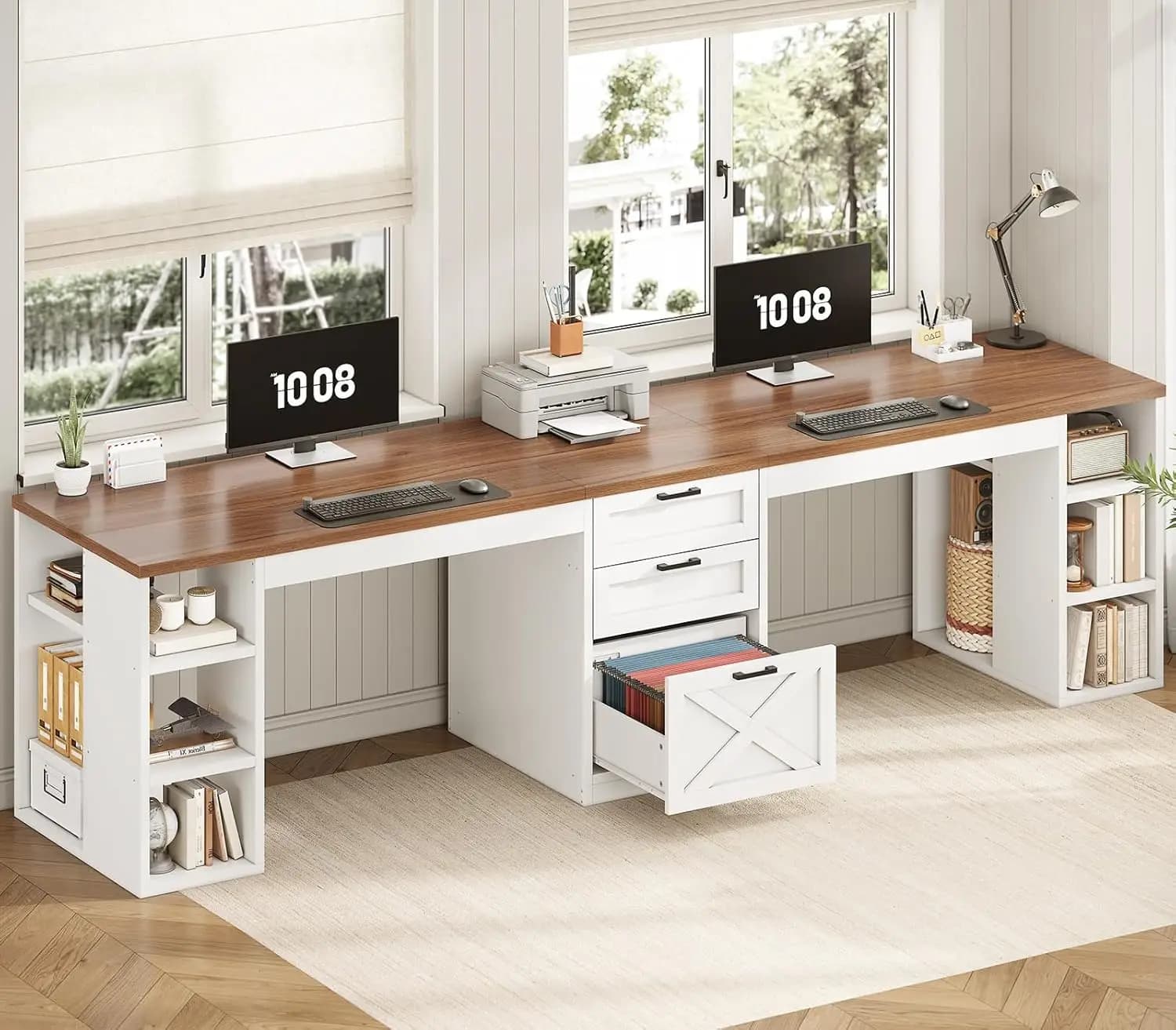 Scrivania per Computer Stile Fattoria da 245 cm con Cassetti, Scrivania per Ufficio Domestico per 2 Persone, Scrivania Doppia per Gaming con Ripiani Portaoggetti, Personalizzabile