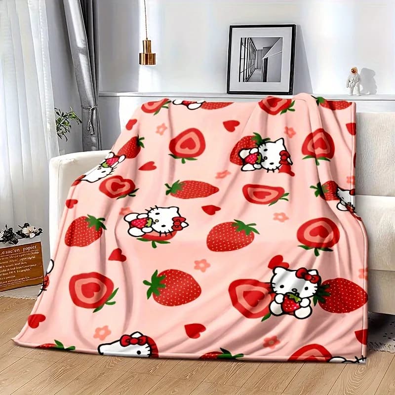 Coperta Hello Kitty con Stampa Fragola Kawaii, Morbida Coperta in Flanella Sanrio, Coperta Rosa Dolce per Divano e Camera da Letto