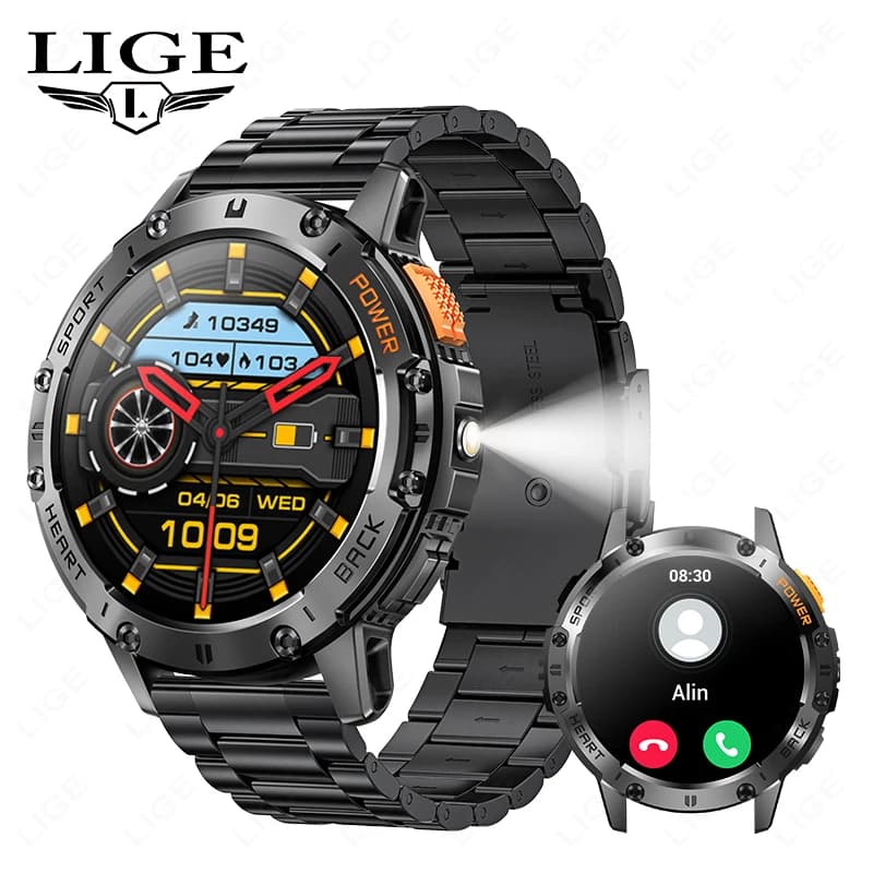 Smartwatch LIGE con Batteria da 530mAh, Chiamate BT, Braccialetto Fitness Sportivo con Torcia, Orologio Intelligente AMOLED Impermeabile