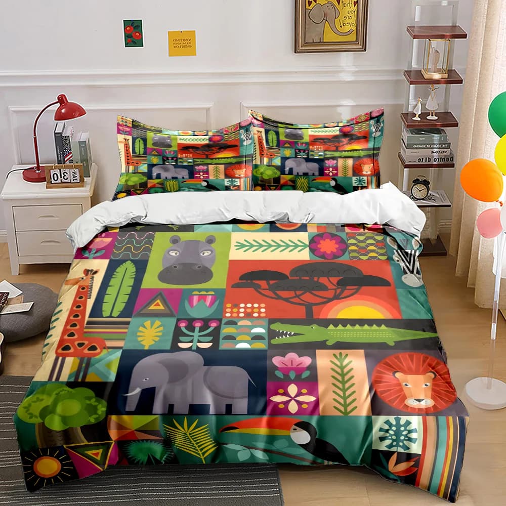Set di Biancheria da Letto con Motivi di Animali Africani e Natura, 3 Pezzi: 1 Copripiumino e 2 Federe per Adulti e Bambini, Regalo di Lusso, Misura Completa