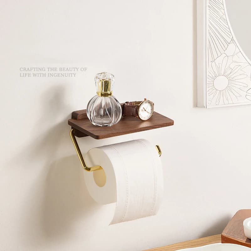 HeMu Portarotolo di Carta Igienica di Lusso in Legno di Noce, Portarotolo da Parete Senza Foratura, Portaoggetti da Bagno per Telefono, Profumo
