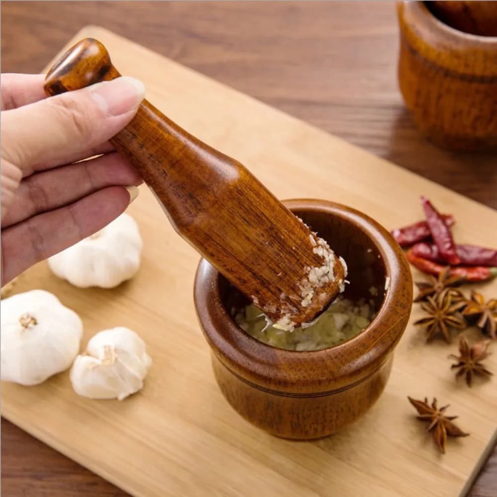 Set di Mortaio e Pestello Manuale per Uso Domestico, Tritatore Vintage in Legno per Aglio, Spezie Naturali e Zenzero