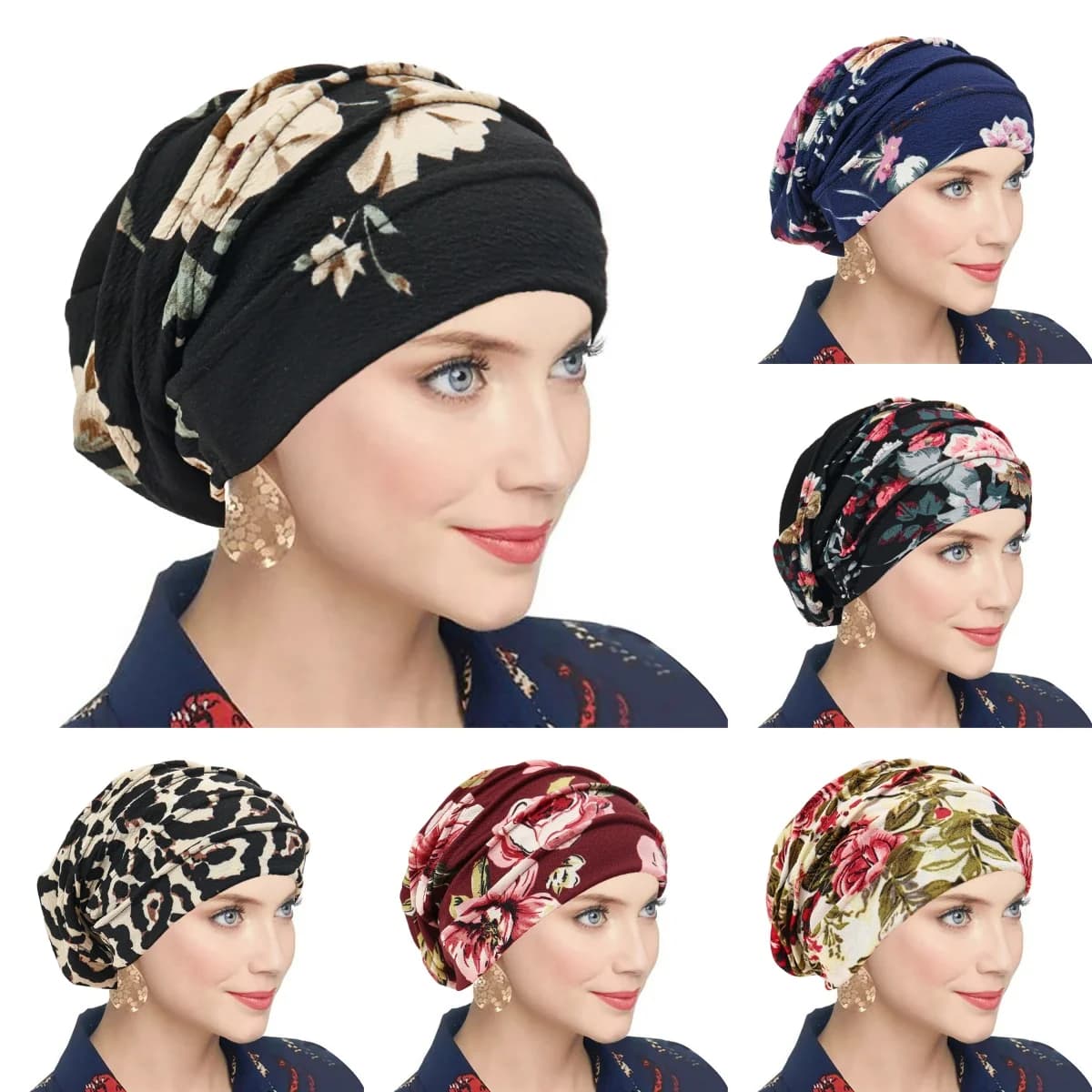 Trendy Printed Flower Cap Night Sleeping Cap Muslim Women Hijab Leopard Bonnet Ladies Headscarf Convenient Hat Wrap