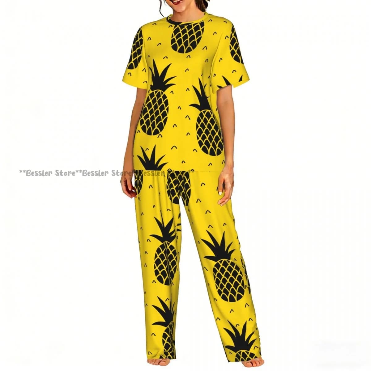 Women's Pijama Set with Pattern Ananas, Sleeves Court, Nightwear in 2 Pieces, Homewear, Loungewear