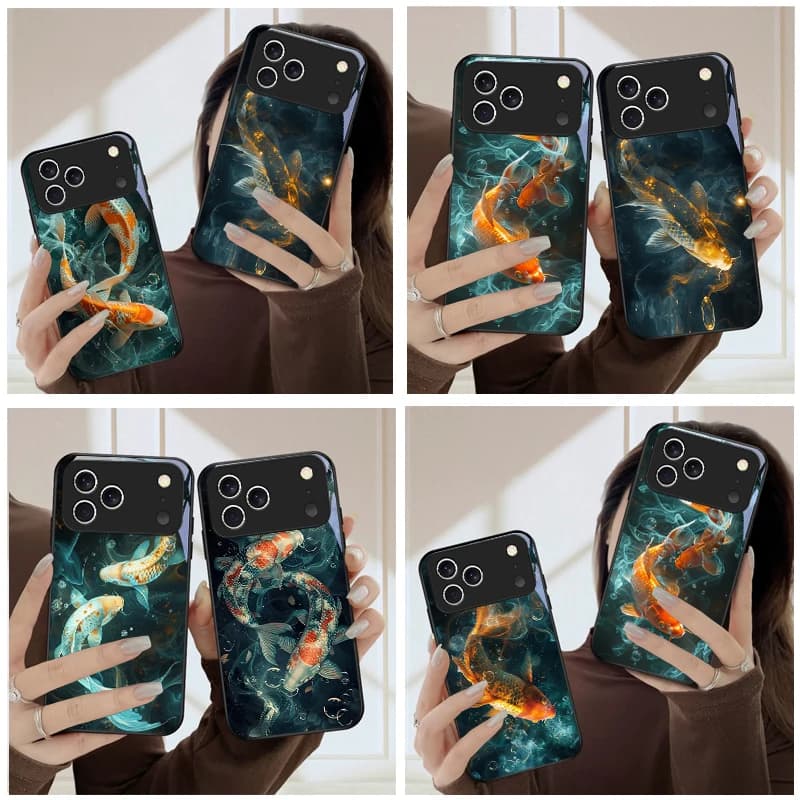 Two Fish Playing in Water For iPhone 17 Pro Max 16E 15 Plus 14 Pro 13 12mini 11 Air XS Max 5 6 7 8Plus SE Black Glass Phone Case