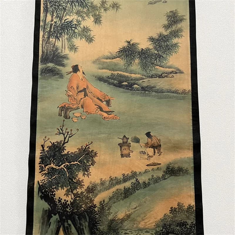 Chinese Ancient Calligraphy & Painting Scrolls Set 4-Pair Renowned Murals 'Fishing Music Picture' Traditional Art Decor