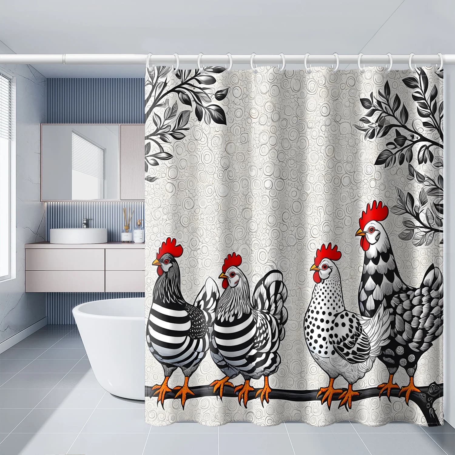 Elegante tenda da doccia con motivo gallina in bianco e nero, motivi floreali e foglie, arredamento per il bagno per tutte le stagioni, arredamento per il bagno