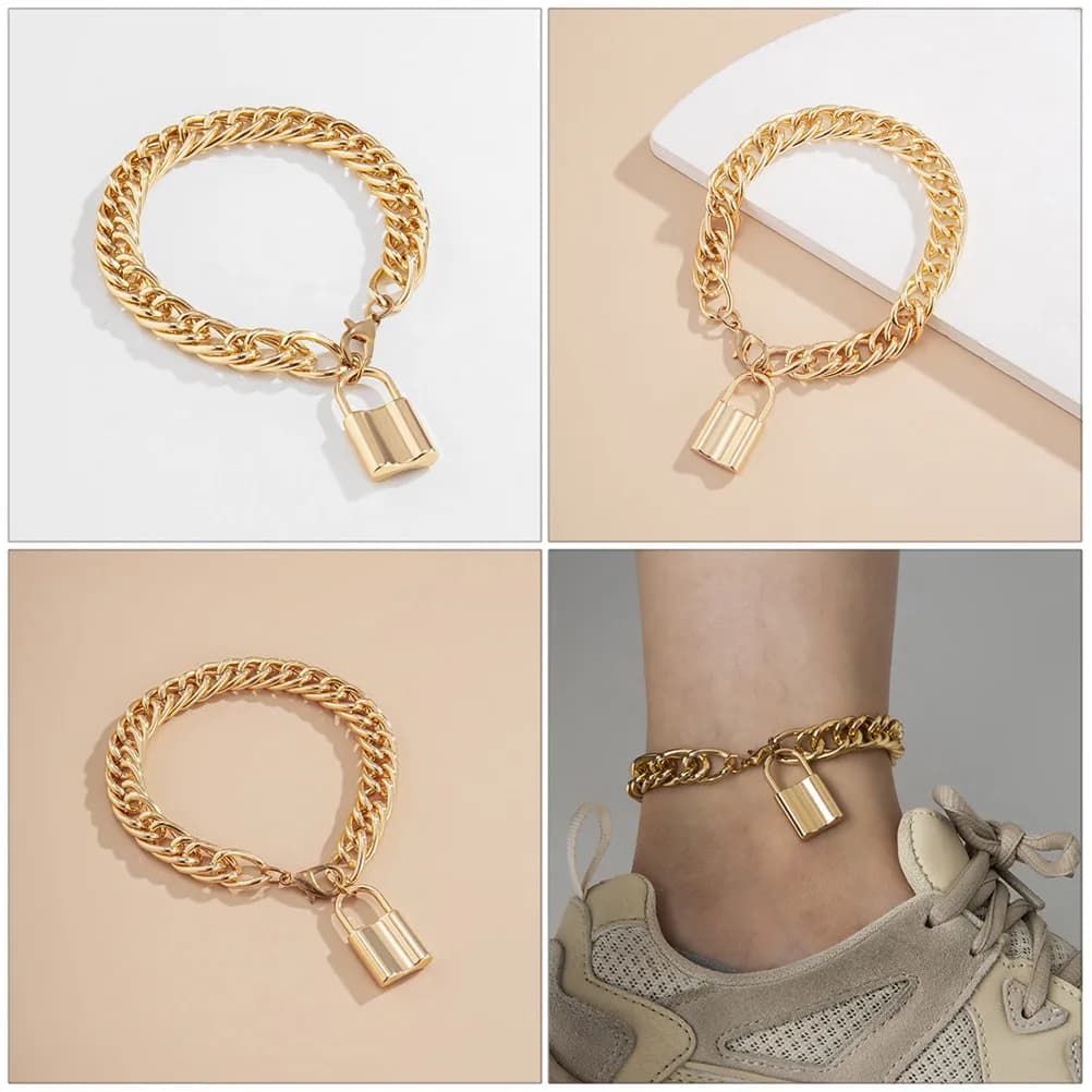 Cavigliera in Metallo Traforato con Ciondolo a Lucchetto Vintage, Gioiello alla Moda per Donna, Accessorio Estivo da Spiaggia