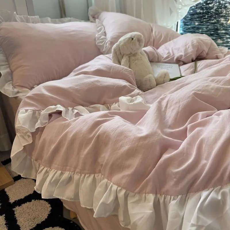 Set biancheria da letto Ins Pink Princess con volant tinta unita morbido copripiumino per ragazzi e ragazze senza federa di riempimento lenzuolo da 3 o 4 pezzi