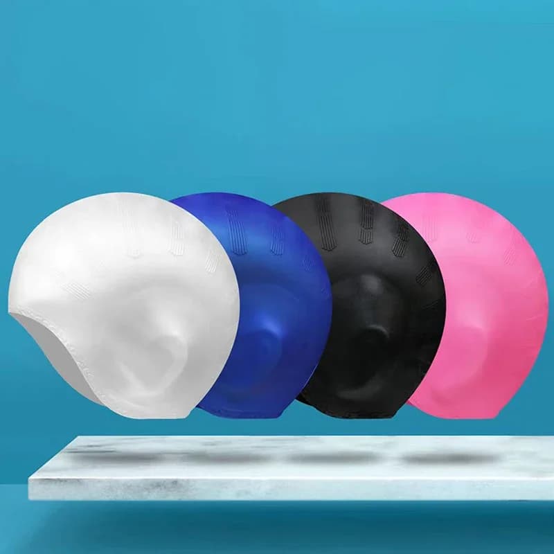 Durable silicone swim cap with ear pockets for adults and boys - Protects long hair and offers high elasticity