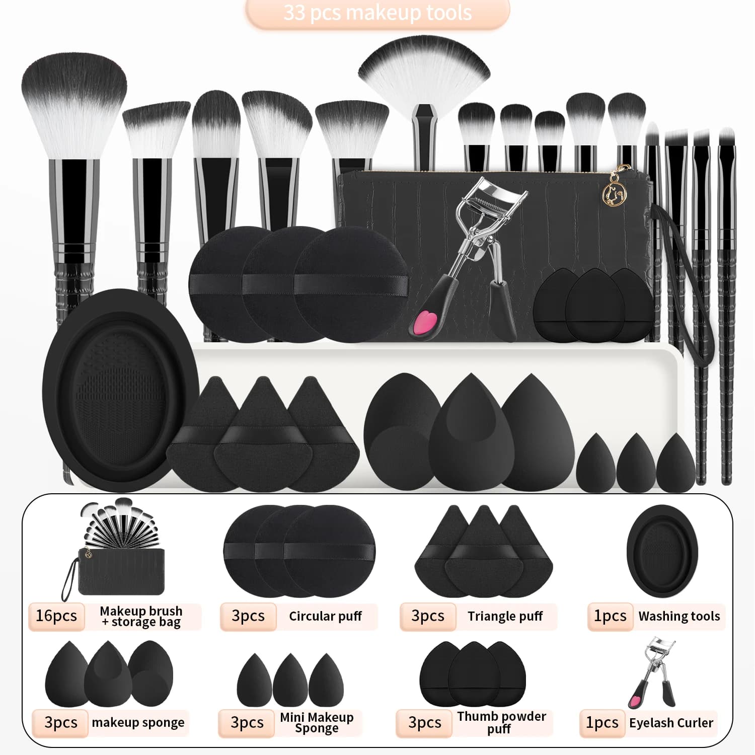 33Pcs All In One Makeup Tools Set 15 Brushes Beauty Sponges Powder Puff Eyelash Curler With Storage Bag For Full Face Makeup