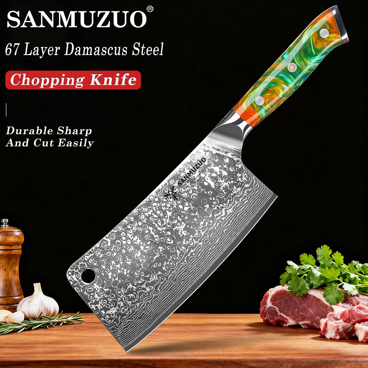 SANMUZUO Coltello per tagliare le ossa da 7 pollici - Serie Xuan - Coltello per mannaia da cucina in acciaio di Damasco VG10 con manico in resina per la cottura quotidiana