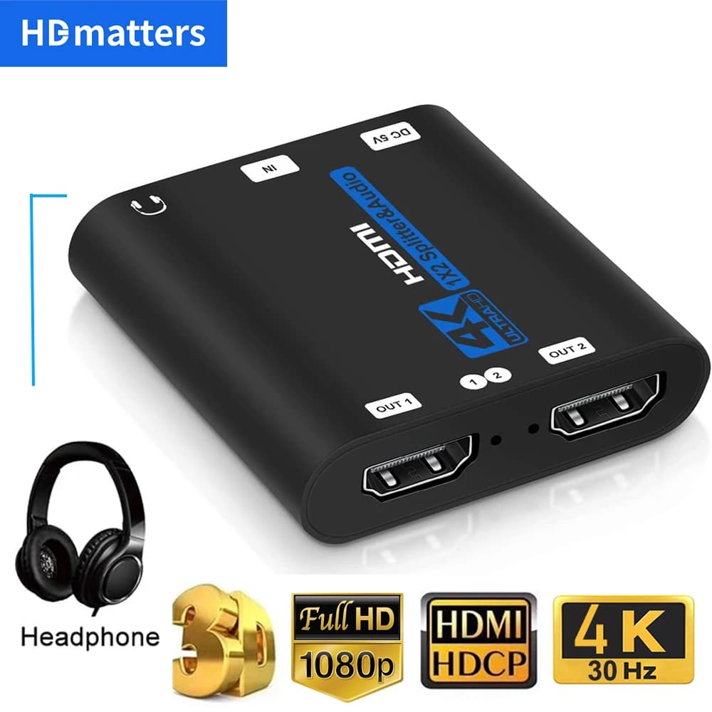 HDMI Splitter with HDR 4K 30Hz Audio Extractor HDMI 1.4 1X2 splitter with 3.5 mm Aux audio for PS5 Xbox Apple TV