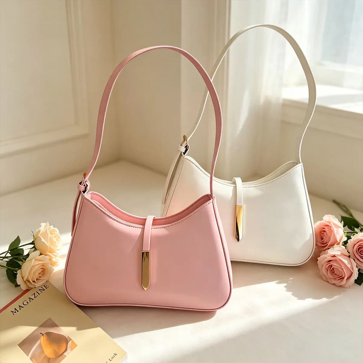 Borsa a Spalla Monospalla Stile Francese Lusso Leggero Tinta Unita con Fibbia Decorativa, Ideale per il Pendolarismo Quotidiano e le Riunioni