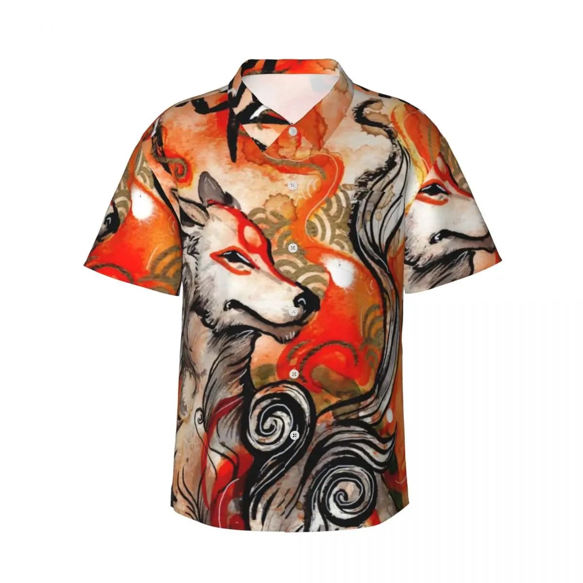 Camicia hawaiana Camicette con stampa lupo da spiaggia Okami Amaterasu Camicie casual eleganti da uomo a maniche corte alla moda coreana