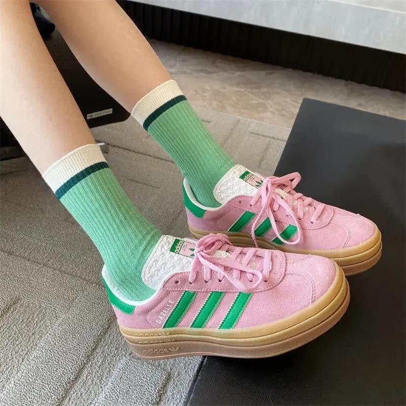 Adidas IE0420 Retro Ladies Suede Trainers Pink Green Gum Outsole Classic Three Stripes Lightweight Comfort Daily Street Sneakers