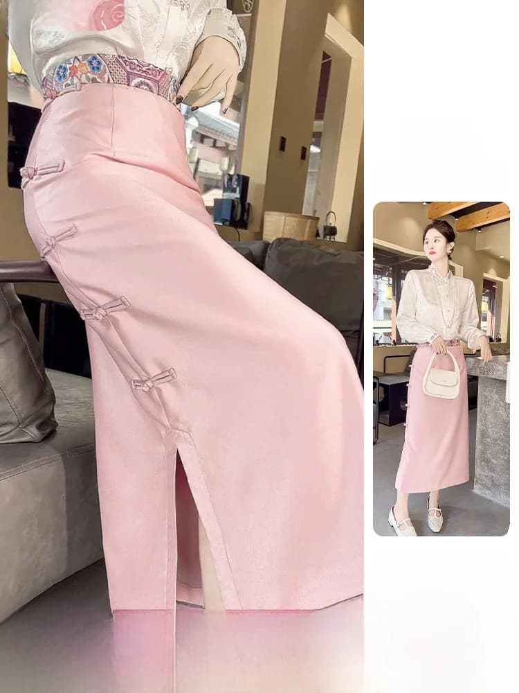 Nuova Gonna Midi da Donna a Vita Alta con Spacco, Stile Cinese, Colore Rosa Antico, Chic per il Lavoro, in Misto Poliestere