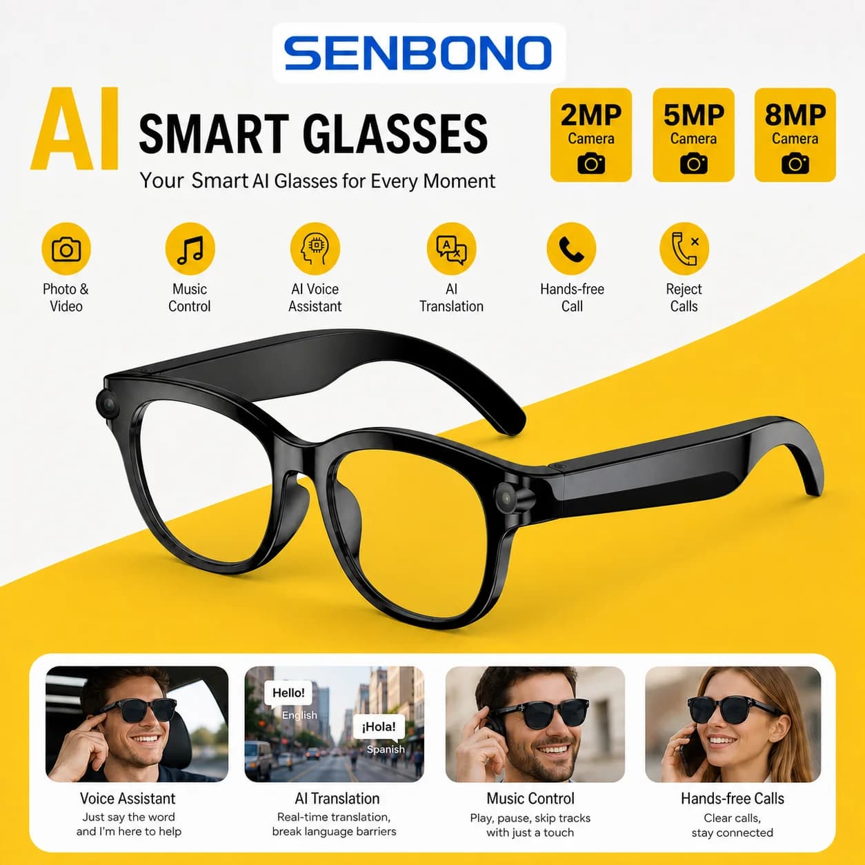 SENBONO 2026 2PM/5PM/8PM Camera Smart Glasses With HD Camera Portable Charger 100+language AI Translation Bluetooth Call Music Player Sunglasses