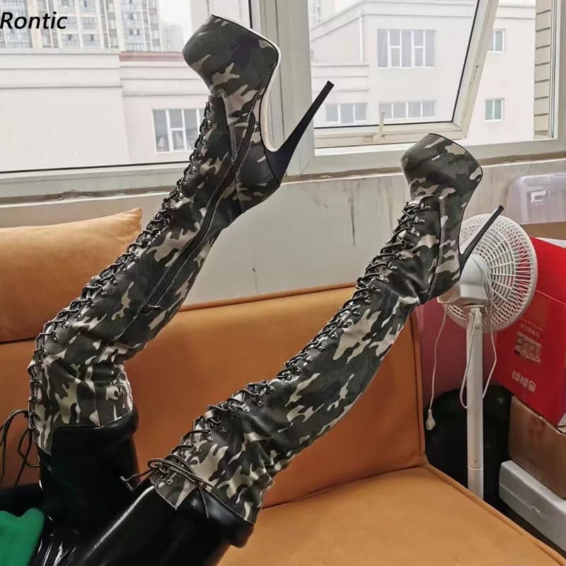 Rontic Women Winter Platform Over The Knee Boots Full Zipper Stiletto Heels Round Toe Camouflage Casual Shoes Women US Size 5-20