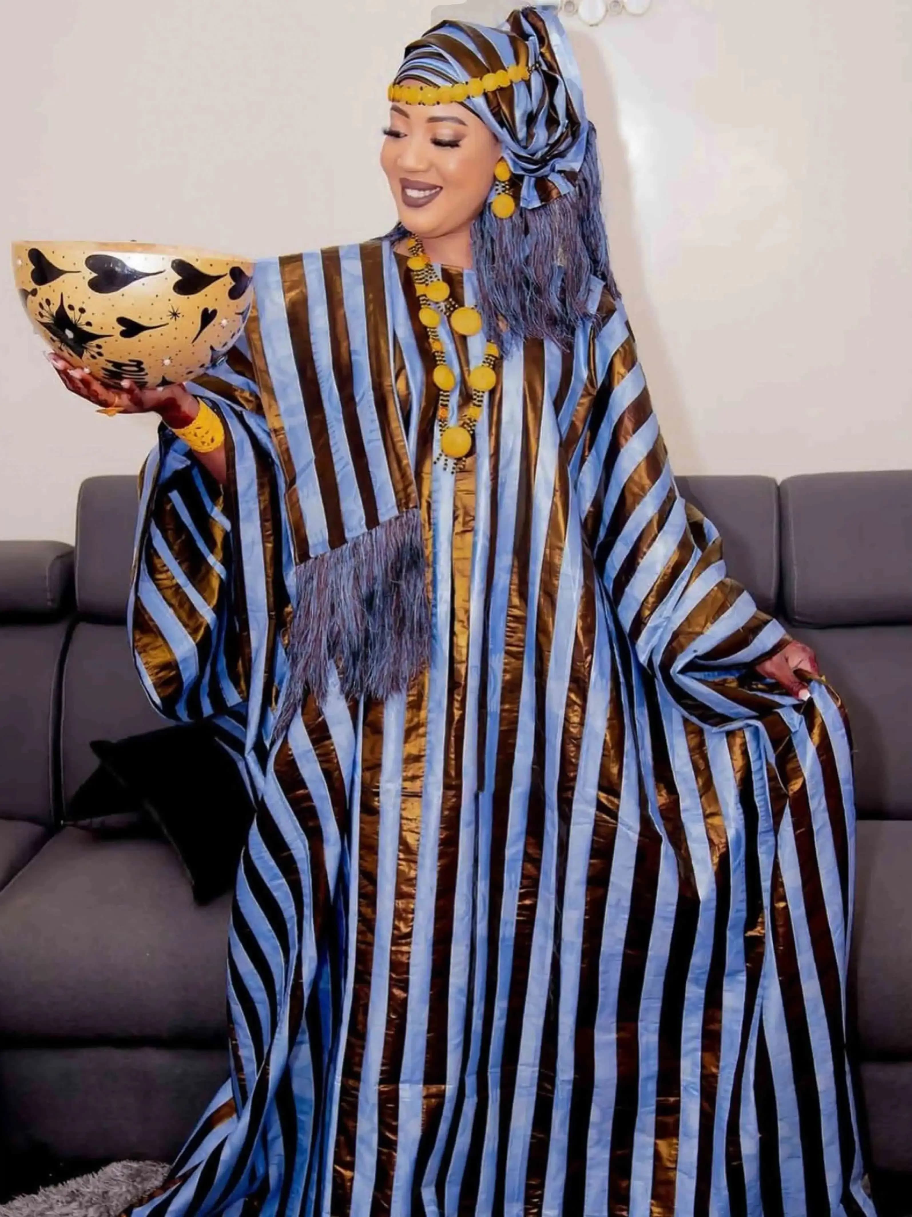 Abiti alla moda africani da donna: elegante caftano Ramadan Dashiki Boubou, abito lungo Ankara con sciarpa, broccato di cotone morbido