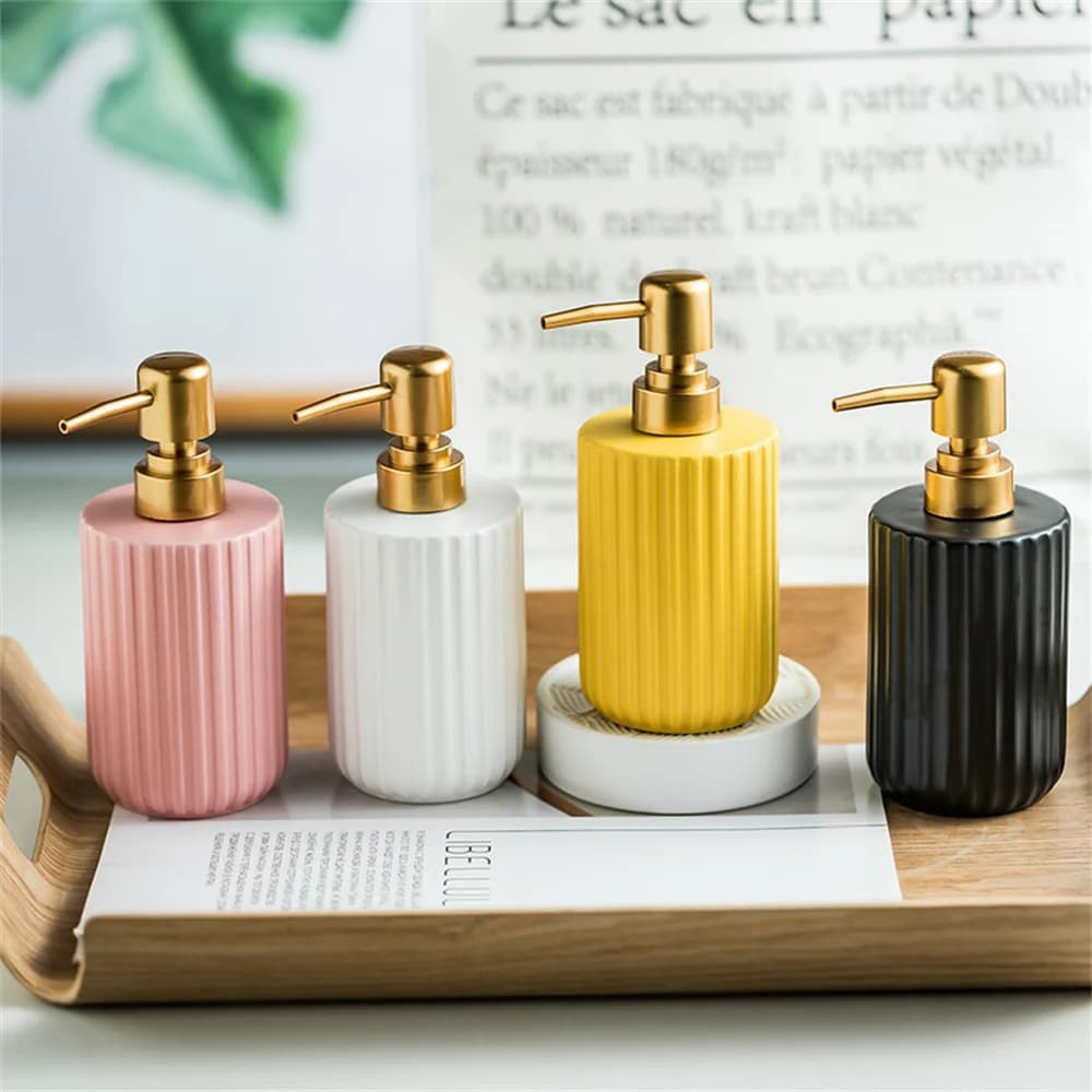 Bottiglia in ceramica a righe da 300 ml, dispenser di sapone da bagno, bottiglie di shampoo, bottiglia di ricambio vuota per disinfettante per le mani per hotel domestici
