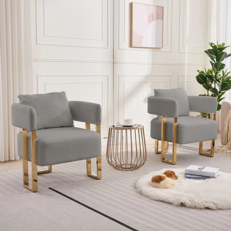 Modern Grey Teddy Fleece Chair with Gold Metal Legs for Living Room, Dressing Area, or Office – 2PC Set