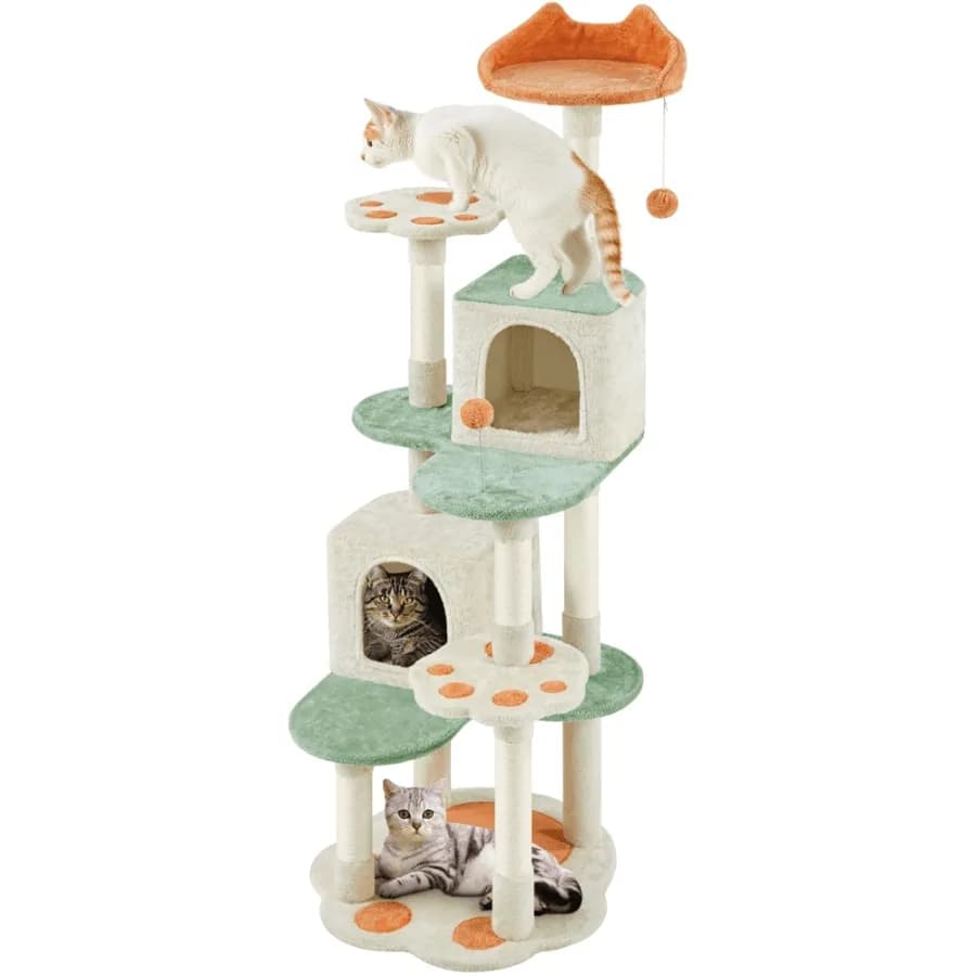 65″ Tall Cat Tree Paw-Shaped Play Tower for Small Medium Cats Beige