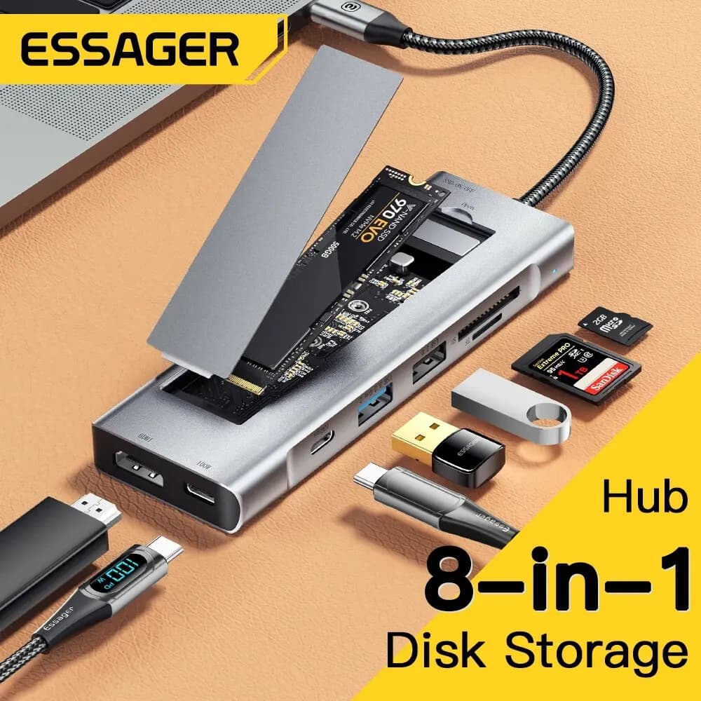 USB Essager 8 in 1 Hub with Dock Station USB Type C to HDMI compatible laptop storage function for MacBook Pro Air M1 M2