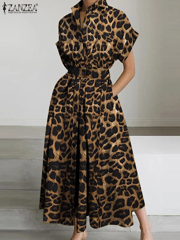 2025 Abiti estivi con stampa leopardata ZANZEA Abito lungo maxi da donna Collo con risvolto Manica corta Abiti da lavoro Robe Officewear Vestito estivo
