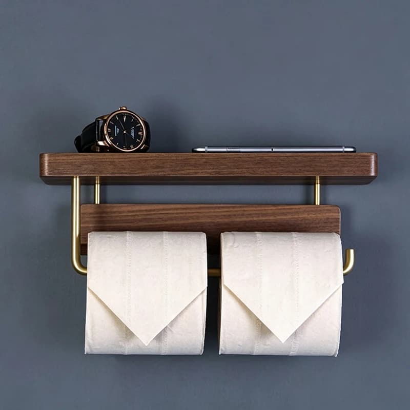 Brass Wood Toilet Paper Holder Wall Mounted Tissue Rack with Shelf Bathroom Storage