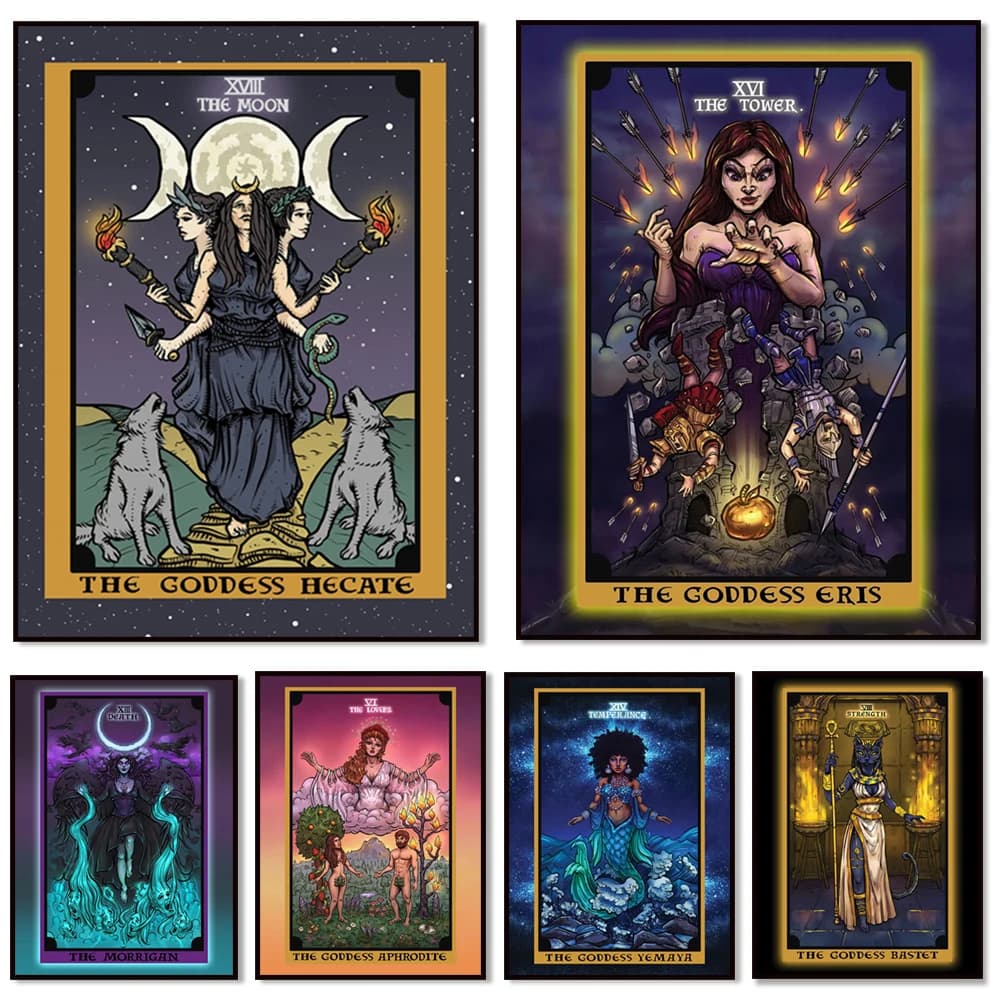 Dea Hecate nella luna, giustizia, tessera dei tarocchi della forza, tessera Eristala, arte di Venere, stampa di poster decorativi della mitologia greca