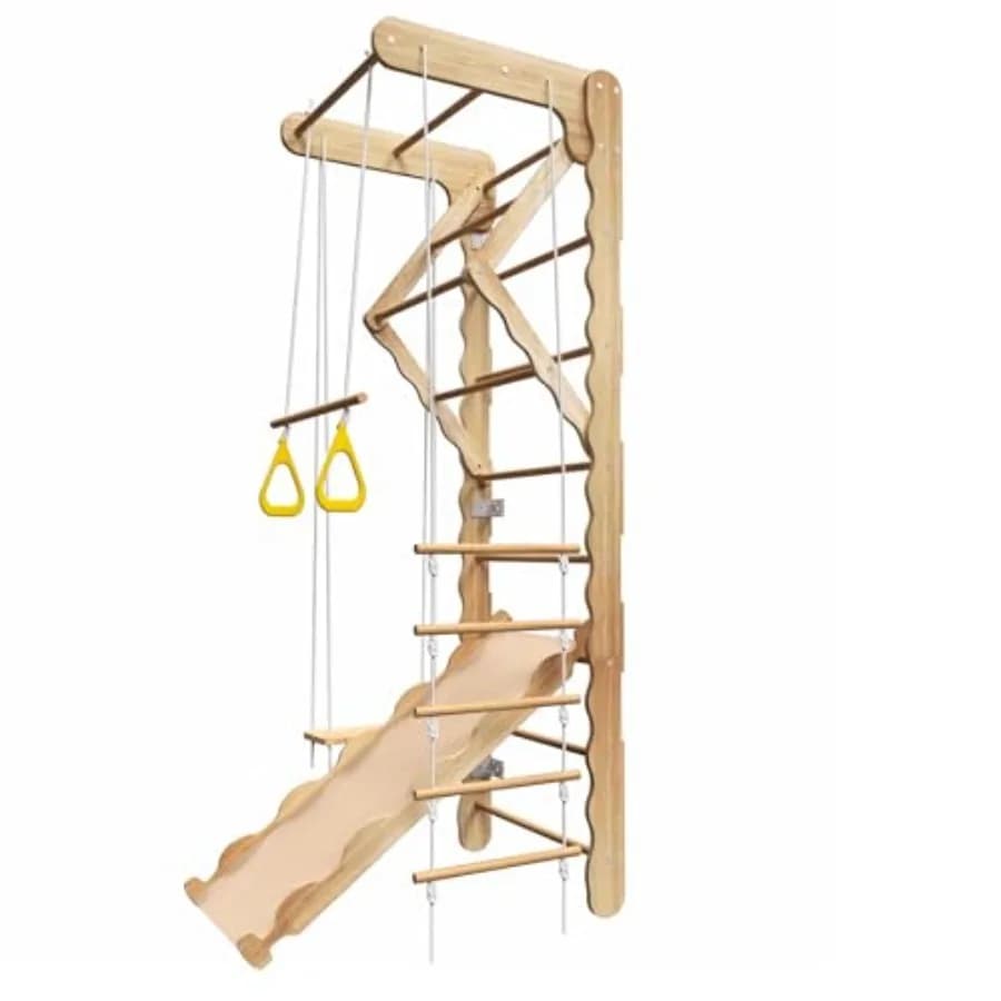 Wooden Indoor Jungle Gym for,Wall-Mounted Swedish Ladder with Pull-Up Bar, Rings, Swing, and Slide Montessori-Inspired Playset